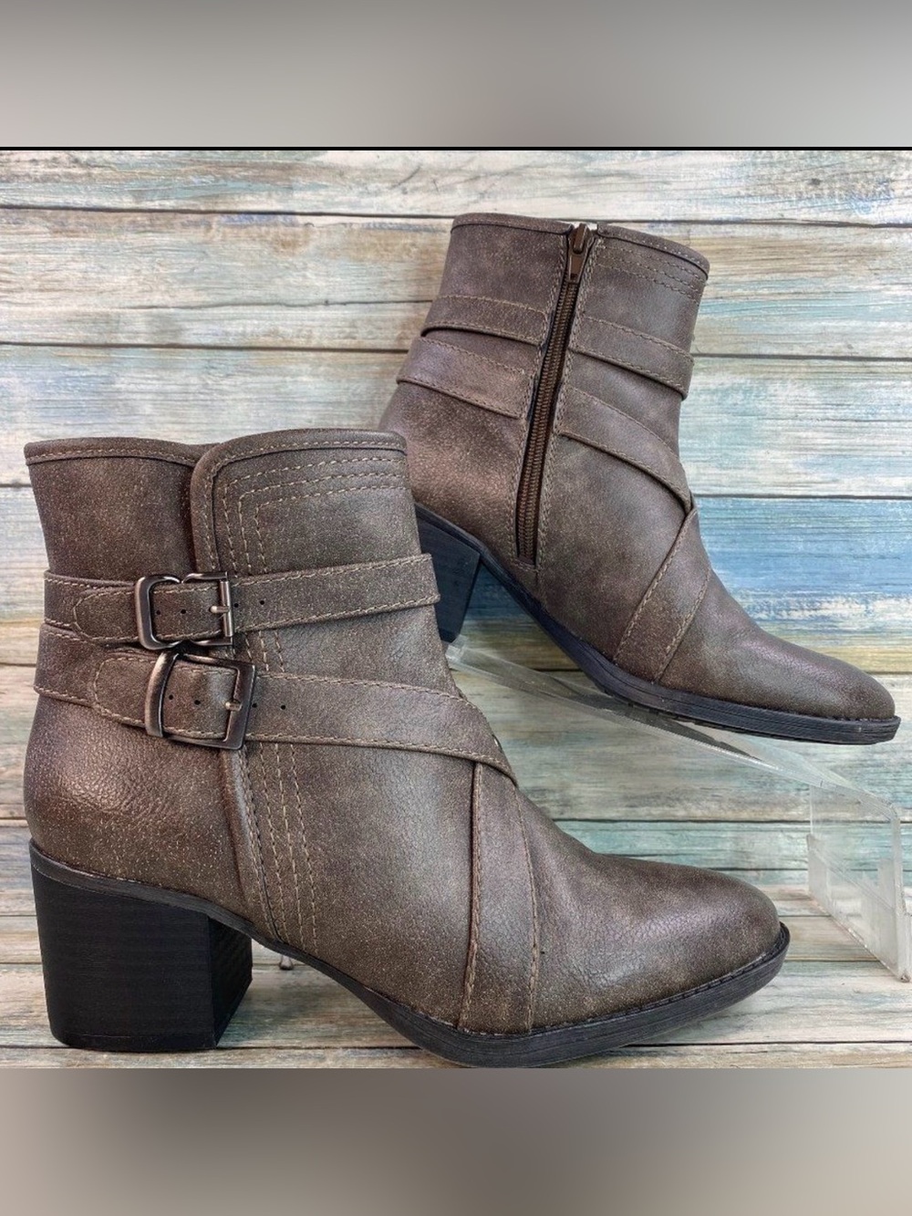 Natural Soul Harness Ankle Boot Womens 7.5 Gray Faux Leather Block Heel Moto